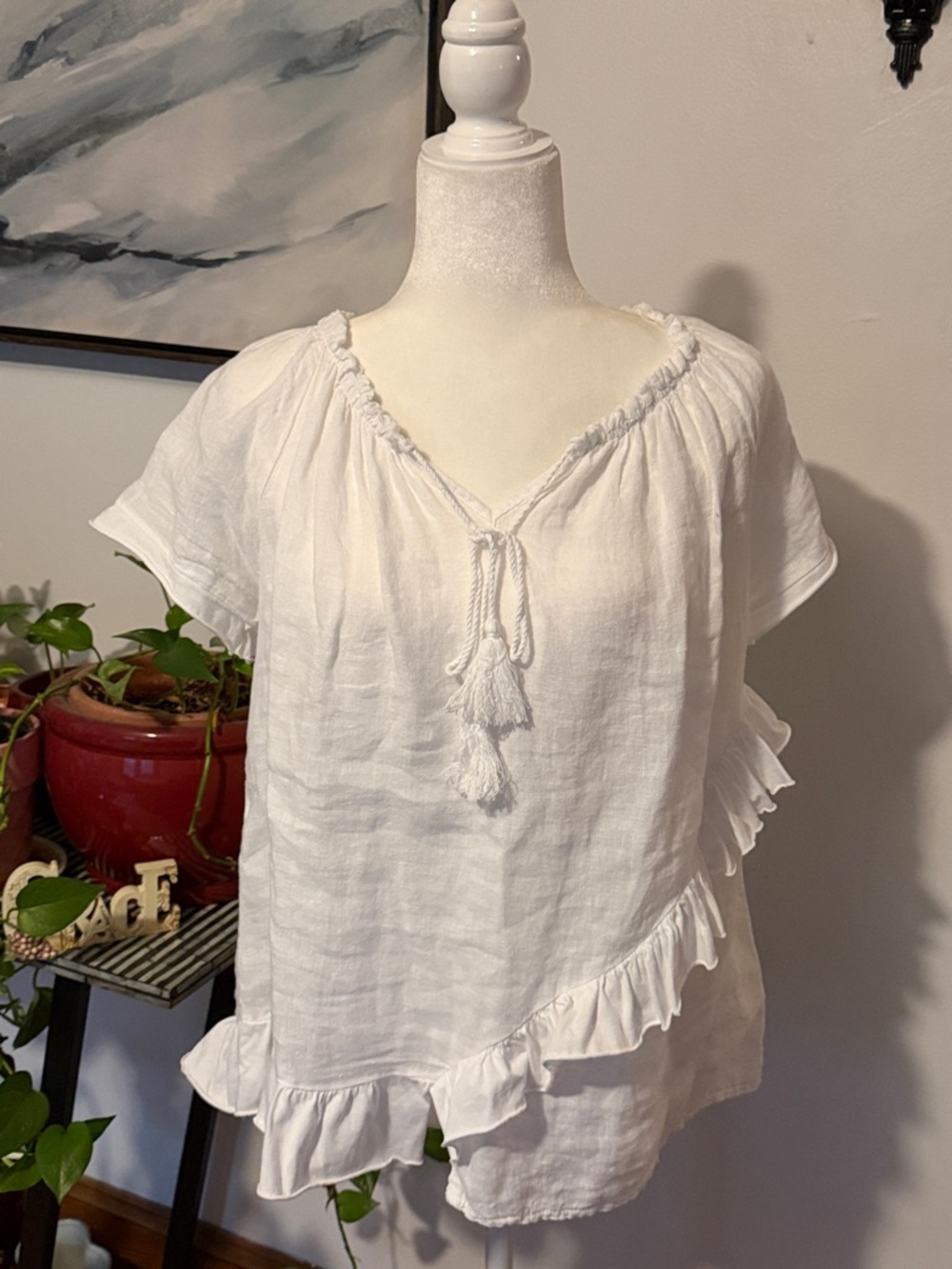 Tempo Paris White Tassel Ruffle Peasant Blouse